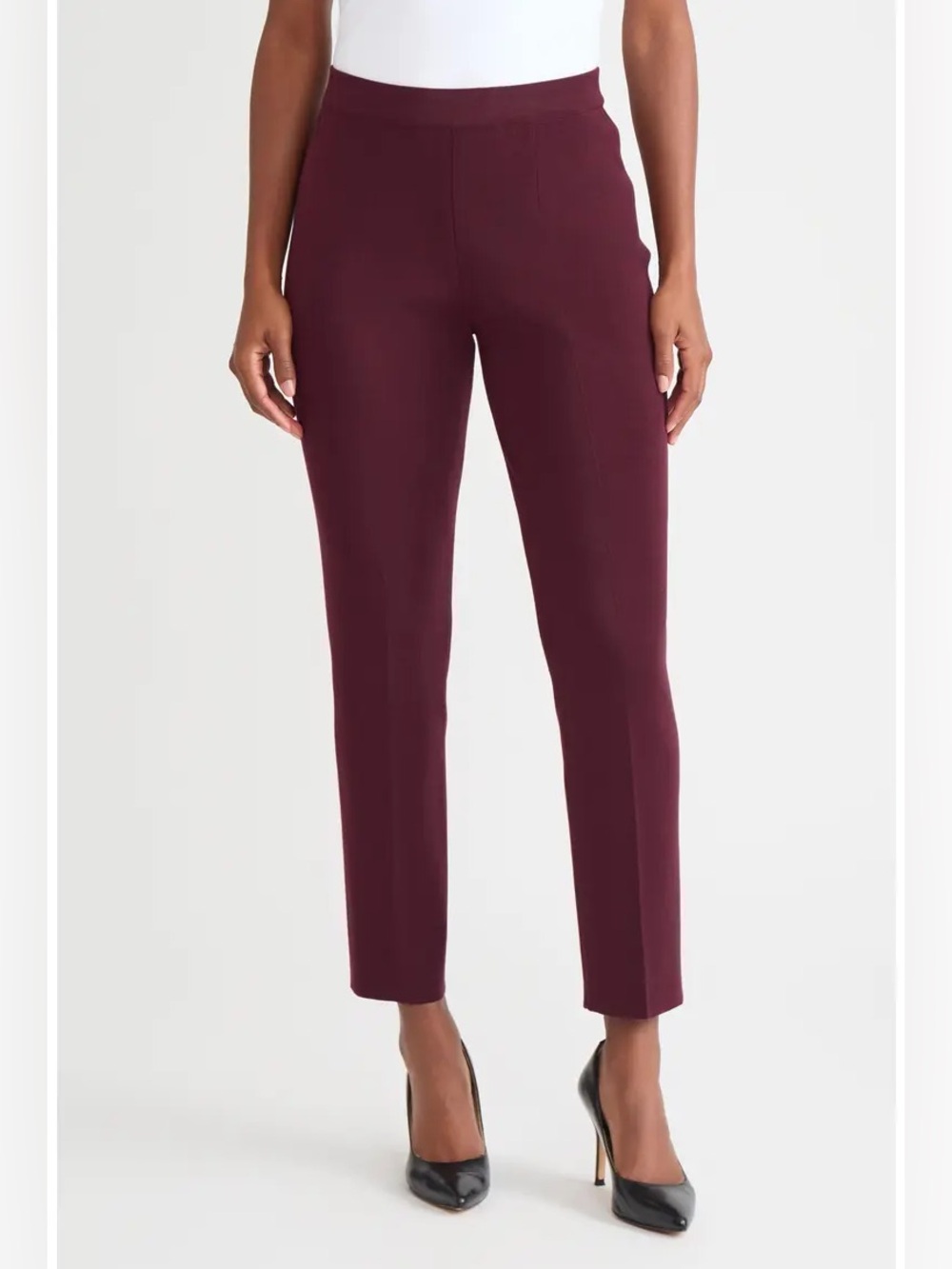 Misook Straight Leg Pull On Pants in Sangria Wine Burgundy L Large Old Money